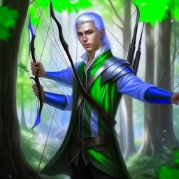 Please create an image for a young elven male with light brown skin, silver hair, and green eyes. He is standing outside in the forest during springtime, wearing leather armor and wielding a large crossbow. He is accompanied by a small mechanical bird and a walking suit of armor