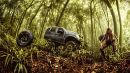 A Tesla's 'Model S Plaid' is doing donuts, in a jungle of the Jurassic Period. CINEMATIC. WIDE ANGLE LENS. PHOTO REAL.