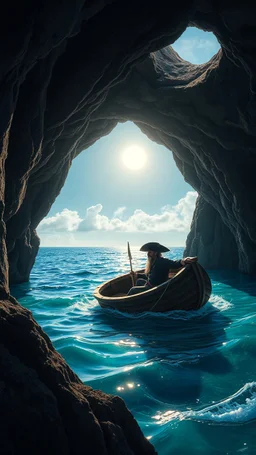 A pirate in a small boat inside a cave with ocean water with a hole in the top showing the sun