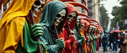 multi colored, bright, vivid, psychedelic, high detailed, high gloss, insanely detailed, matte, horrorcore, lining the street, unsettling contrast, monument to death, live action shot grim reaper parade