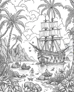 Pirates of the Caribbean: Skull Island Jungle Exploration Coloring Page: Create an intricate coloring page capturing the essence of Skull Island's dense jungle from the Pirates of the Caribbean movie. Depict towering trees, winding hidden paths, and exotic wild animals awaiting vibrant interpretations. Integrate iconic elements like the Black Pearl sailing on the horizon or discreetly placed treasure chests, inviting enthusiasts to bring this adventurous scene to life with their black and white