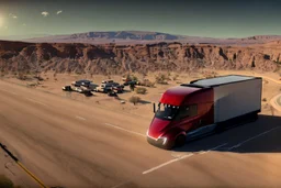 A Tesla 'Semi' (semi truck) is parked, in the Mojave Desert. (CINEMATIC, WIDE ANGLE LENS, PHOTO REAL)
