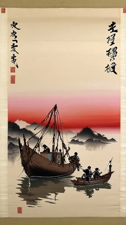 An ancient Chinese scroll painting with vertical Chinese character calligraphy flourishes, featuring a Junk in an Asian misty sunset fishing village, dramatic landscape, Chinese art style, silkscreened mind-bending illustration, fine detail, stunning masterpiece, warm colors, rule of thirds, warm colors, red and pink tints, inspired, expansive, with traditional Chinese ink wash techniques for shading, by VS Gaitonde