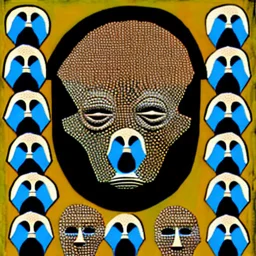 A human face made of many little human faces in Max Ernst style