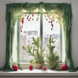 A window frame with green decorations, bright curtains and small dragon fruits on the windowsill, all on a light background that can be removed.