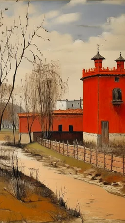 An orange colored marshland near an iron fortress painted by Maurice Utrillo