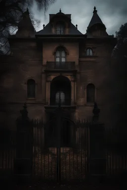 It's a dark, creepy mysterious gothic old mansion with a wrought iron fence in front
