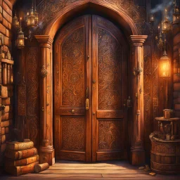 Halve opened massive wooden door with lots of engraved magical symbols that is the entrance to a hidden magical market. Magical smoke coming out of the door opening. Harry Potter. Magical. Epic. Dramatic, highly detailed, digital painting, masterpiece