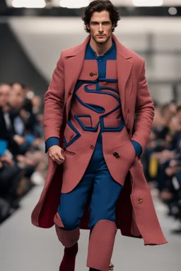 A guy on a fashion runway with Superman invernal clothes style embroidery without cape