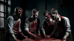 four men zombies in adark room look at the top bloody