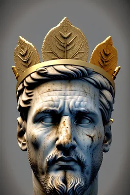 Ultra Realistic image, Roman sculpture, white marble material, Lionel Messi, gold Laurel leaves wreath, renaissance ornaments, one gold star in heart, marble background, chisel style, waist up portrait, emperor style, epic, celestial, cinematic lighting, God light, god rays, 4k resolution, smooth details, ornate details, soft lighting, unreal engine 5, art station, substance 3d.