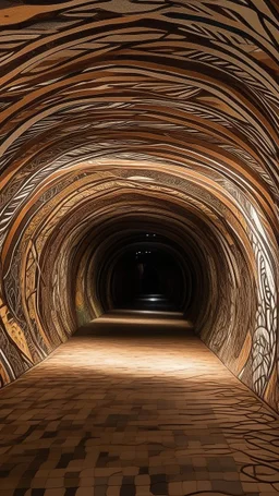 A tan twisty underground tunnel designed in Australian aboriginal art