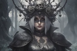 Beautiful girl with skull in her face in 8k nier automata artstyle, hollow knight them, hollow knight Custom, close picture, rain, fantasy world, intricate details, highly detailed, high details, detailed portrait, masterpiece,ultra detailed, ultra quality