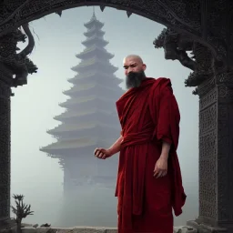 Portrait of a monk, fog, distant Asian temple, profile, grim, dark, Frank Frazetta, Greg Rutkowski, hyperdetailed, dnd, trending on Artstation, Splash screen art, dynamic lighting, hyperdetailed, intricately detailed, a masterpiece, 8k resolution, high contrast, bearded, red robe,