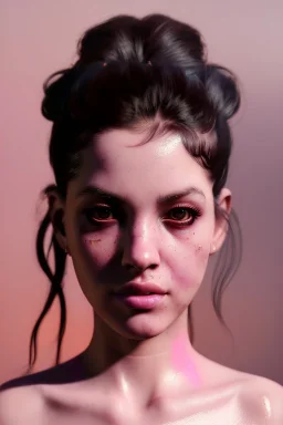 Realistic image, Rosalía artist, portrait, waist up portrait, pink black eye line, sweet, gold, pink, geisha style, led lights, fog, rain, latex, vibrant color, highly detailed, art stations, concept art, smooth, unreal engine 5, god rays, ray tracing, RTX, lumen lighting, ultra detail, volumetric lighting, 3d, finely drawn, high definition, high resolution.