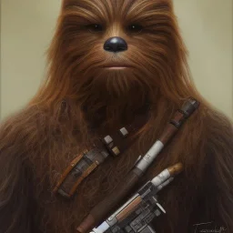 photorealistic and intricate portrait of chewbacca in star wars by tom bagshaw, wearing beskar armor, deep dark colors, hyperdetailed, 32K, oil on canvas,