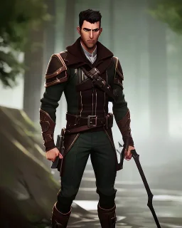 muscular male ranger, slender build, leather pants, black fur boots, belt, brown leather hood, short beard and mustache, short brown hair, stoic, green eyes, eyes are both in proportion, 3/4 look, standing, dark cobblestone alley, forest, intense, non-photorealistic rendering in the art style of j.scott campbell