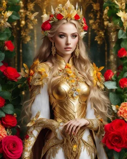 📷💃 length image full body gorgeous pretty super model girl as elven queen,floras crown,high details photo of luxury golden armor color designed made of flora flowers🌹 colors orchids and red,yellow,details color roses 🌹she using accessories luxurious diamonds jewelrys, flowers,surrounded 🌿🌿🌿leaves,so many surrounding butterflies, pretty face beauty colors make up cosmetic,bigbusty,perfect body,jungles background