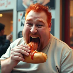 happy fat man with red hair eating a big hot dog, realistic photo, big mouth open, "Karlsson på taket" vibes