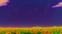 purple sky full of stars, sunflower field, anime, high res, makoto shinkai