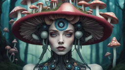a close up of a person wearing a hat, natalie shau, a teen biopunk cyborg, andrei riabovitchev symmetrical, coherent eye, mushrooms grow from the body, inspired by Mykola Burachek, photo of a woman, irreverent characters, stylised comic art, metaverse, watcher, shot with Sony Alpha a9 Il and Sony FE 200-600mm f/5.6-6.3 G OSS lens, natural ligh, hyper realistic photograph, ultra detailed -ar 1:1 —q 2 -s 750)