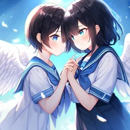 Clear focus,High resolution, Black short fluffy hair, and blue eyes, wearing a sailor uniform, must wear a short skirt, Blushing, Holding another girls hand, angel and devil