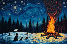 Winter solstice celebration under a starry sky, bonfire, night Creatures watch from the edge of the forest colourful Zdzisław Beksiński Picasso naive art Henri Matisse Alex Grey SALVADOR DALI Andy Warhol Paul Gauguin Claude Monet Gustav Klimt Ernst Ludwig Kirchner Tim Burton graffiti zentangle Marc Chagall Jackson Pollock Francis Bacon Egon Schiele Georges Seurat M.C. Escher Joan Miró Louis Wain Victo Ngai Enki Bilal Camille Pissarro art brut Odilon Redon Remedios Varo primitivism Jean-Michel