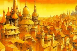 A yellowish orange colored constructed city with crystals painted by the Limbourg brothers