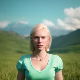 beautiful young blond Swiss girl standing in green field, mountain, sun, wearing blue shirt over, open arms, realistic eyes, blue eyes, unreal engine, photograph, realistic skin texture, photorealistic, hyper realism, highly detailed, 85mm portrait photography