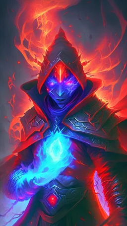 battle mage with red glowing eyes and fiery red aura