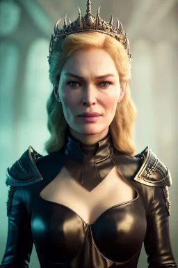 Cersei Lannister as evil queen in black leather, busty, cleavage, lena headay, angry, rage, stern look. character design by cory loftis, fenghua zhong, ryohei hase, ismail inceoglu and ruan jia. unreal engine 5, artistic lighting, highly detailed, photorealistic, fantasy