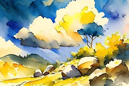 Landscape with Sunny day, clouds, mountains, rocks, watercolor paintings