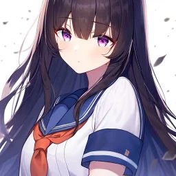 Clear focus, High resolution, Black long hair, fluffy hair, purple eyes, wearing a sailor uniform, rough line