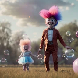 Ultra realistic circus scene. Sweet hair monster and Child’s playing, smile, happy, color bubbles, smooth color, waist up view, Wes Anderson style, dark ambient, highly detailed, concept art, unreal engine 5, god rays, ray tracing, RTX, lumen lighting, ultra detail, volumetric lighting, 3d, finely drawn, high definition, high resolution.