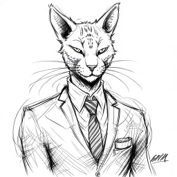 Illustrative sketch of a image of an humanoid cat, suit and tie, arte lineal ultra quality, 8k