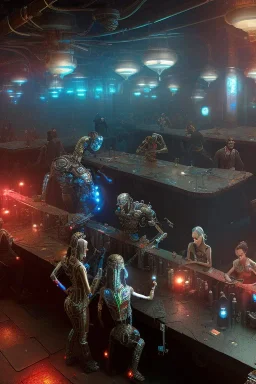 post-apocalyptic robots in a cyberpunk bar, realistic, intriacte detail style. fantasy, volumetric lighting, particales,highly detailed, wide shot, cinamatic, Zack Snyder stlye, deep colours,