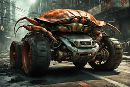A car that's a hybrid between a organic crab and a mecanic tank, robotic, ready for battle, worn-out, with large rims and tires, fully mechanical, on a street in post-apocalyptic cities.