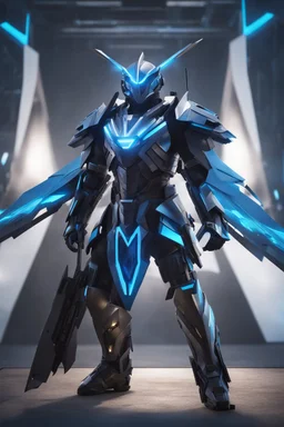 neon blue, flying parts of armor in form of triangles, cyber armor, geometric patterns on armor, male, orbiting triangle, armor drones