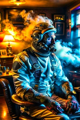 pilot spaceman with tattoo of a human, scary tattooist in high end parlor, smoke, mist, lightrays, depth of field, photography