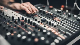 A hand mixes music on a professional mixer