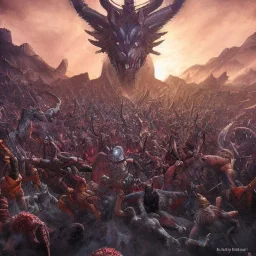 A scene from Ragnarok where the army of demons and gods are facing each other، high details hd hyper realistic high quality art by Greg rutkowaski