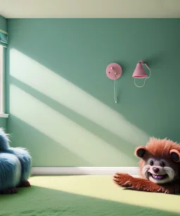 Realistic child room. sweet big furry monster sitting. Steven Spielberg style. Red hair, smile, happy, gradient color fog. highly detailed, concept art, unreal engine 5, ray tracing, RTX, lumen lighting, ultra detail, volumetric lighting, 3d, finely drawn, high definition, high resolution.