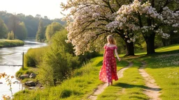 country side ,river side ,bloosoming trees and flowers ,beautifull lady gracefully walking