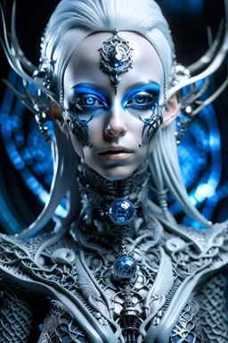 A beautiful alien with big eyes and small nose and mouth wearing a bioluminescense bright white crystal zafír biomechanical silver metallic hair , wearing biomechanical amalgamation style leather jacket dress ribbed with silver floral metallic filigree biomechanical vantablack pattern, organic bio spinal ribbed detail of gothic winter backround extremely detailed maximalist hyperrealistic portrait art