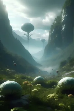 Un valle entre altas montañas que flotan, flores gigantes, seres antropomorfos extraños viven entre la vegetación, el clima es húmedo, film de ciencia ficción