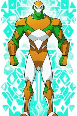 A new space creature from Ben 10 cartoon. Strong and graceful. From the White faction. Advanced hybrid metal golem. And the diamonds. He has a glowing green tattoo in the shape of old magic words. Four plants.