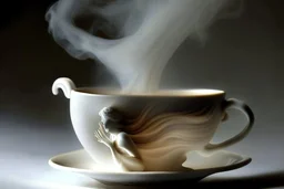 steaming coffee in a porcelain cup, the steam forming a female figure