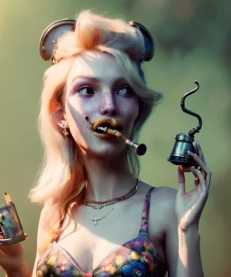 Ultra realistic photographic portrait, happy blonde woman smoking a pipe in Wonderland, wide angle view, smile steampunk dress style, marihuana plants, color fog, color smoke, soft color, highly detailed, unreal engine 5, ray tracing, RTX, lumen lighting, ultra detail, volumetric lighting, 3d, finely drawn, high definition.