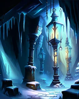 ice dungeon chamber with lamp posts fantasy rpg art painterly