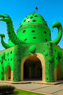 A green dinosaur themed coliseum designed in ancient Egyptian architectures and sculptures painted by Joan Miro